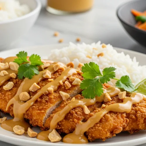 Peanut Butter Chicken plated with crispy chicken, peanut butter sauce, crushed peanuts, cilantro, and a side of rice or veggies.