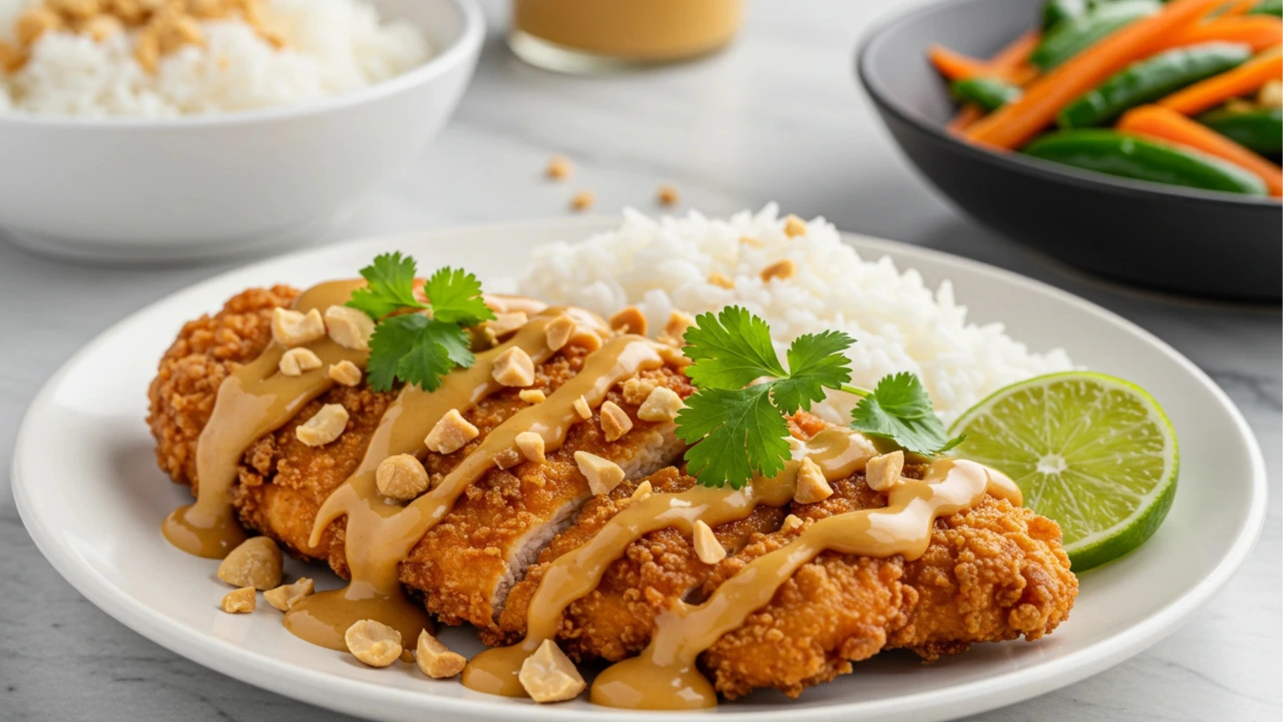 Peanut Butter Chicken plated with crispy chicken, peanut butter sauce, crushed peanuts, cilantro, and a side of rice or veggies.