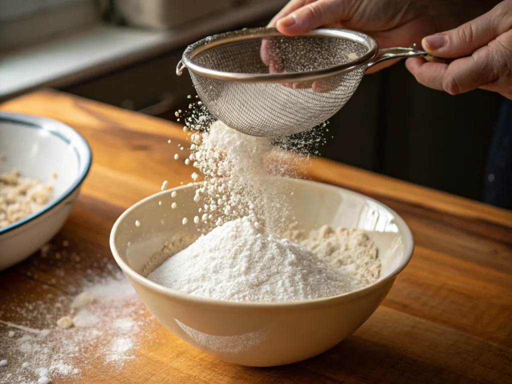 A hand sifting flour, baking powder, and salt into a bowl on a wooden countertop