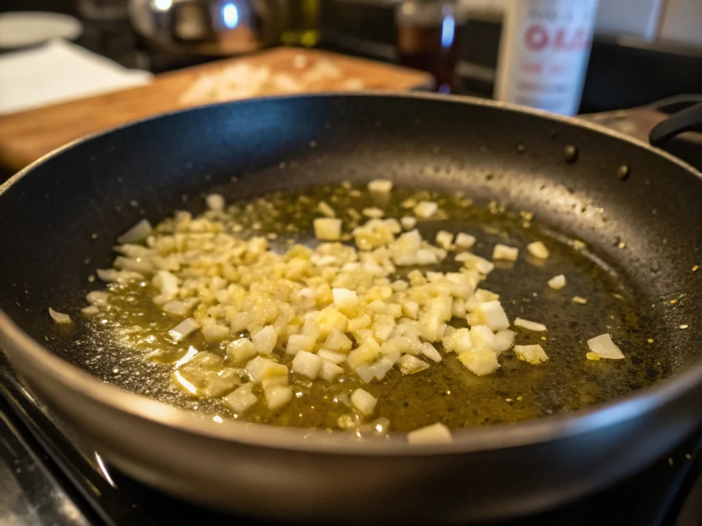 Finely chopped garlic sizzling in olive oil in a skillet, turning golden.