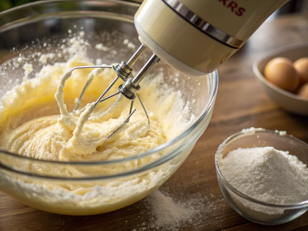 Electric mixer whisking eggs and sugar in a glass bowl