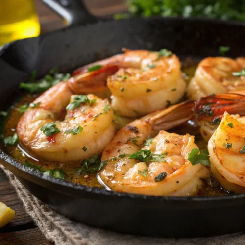 Close-up of shrimp garlic butter in a cast-iron skillet, garnished with parsley and lemon wedges.