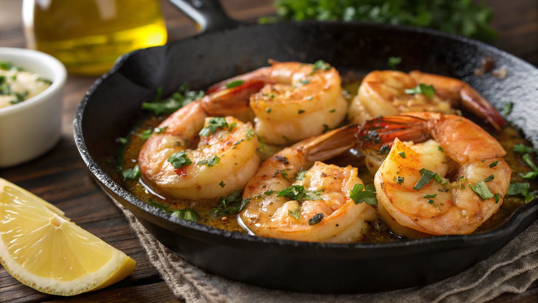 Close-up of shrimp garlic butter in a cast-iron skillet, garnished with parsley and lemon wedges.