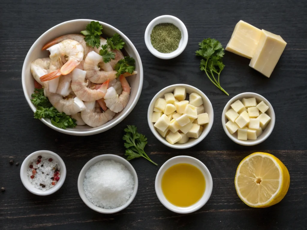 Flat lay of shrimp garlic butter ingredients, including shrimp, garlic, butter, olive oil, and seasonings.