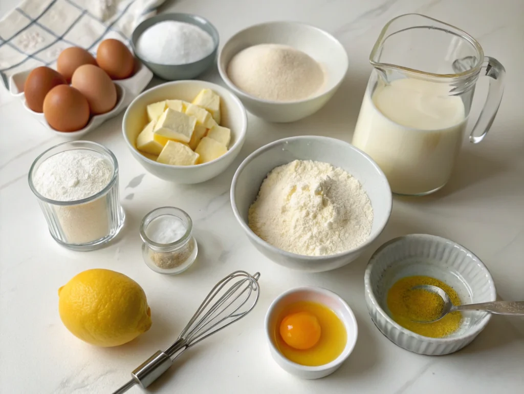 Neatly arranged madeleine cookie ingredients on a white countertop