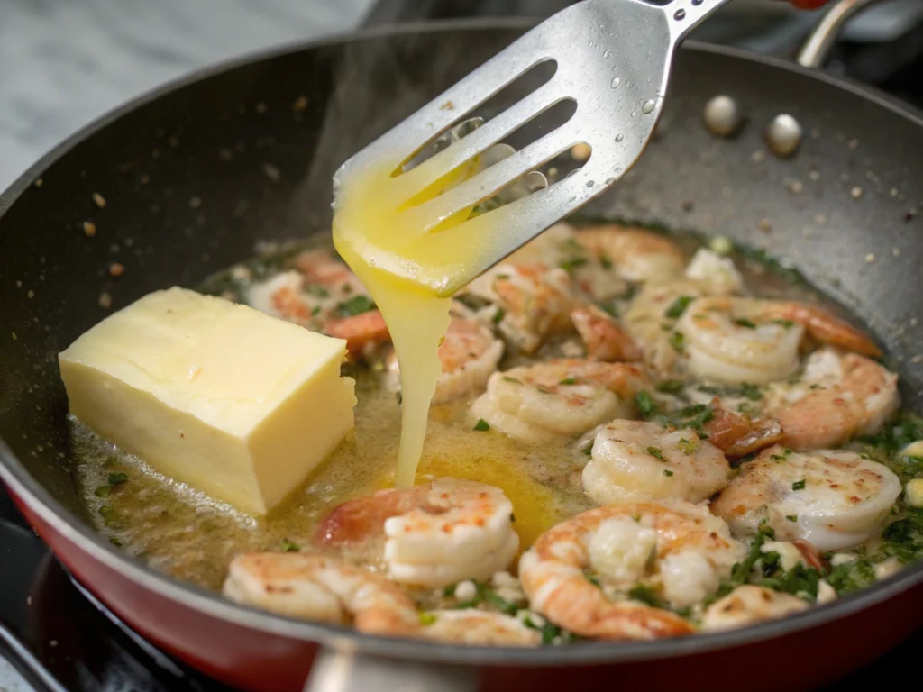 Shrimp cooking in a skillet, turning pink with a slight sear.