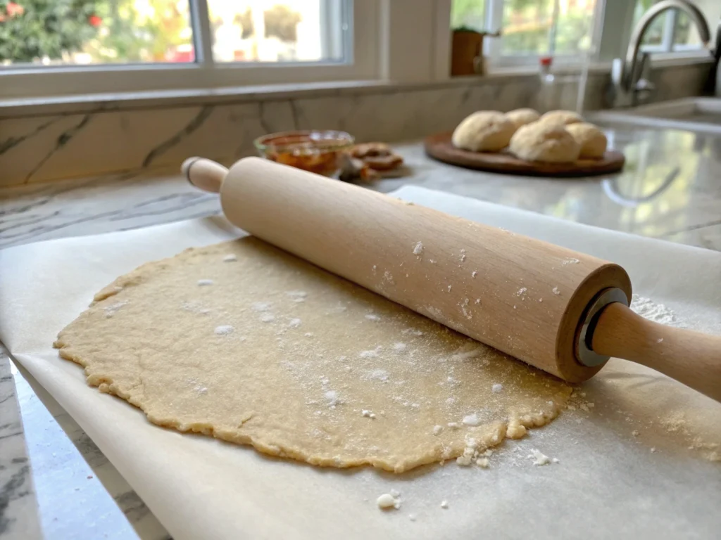 A rolling pin smoothing out cottage cheese chip dough to 1/8-inch thickness on parchment paper.