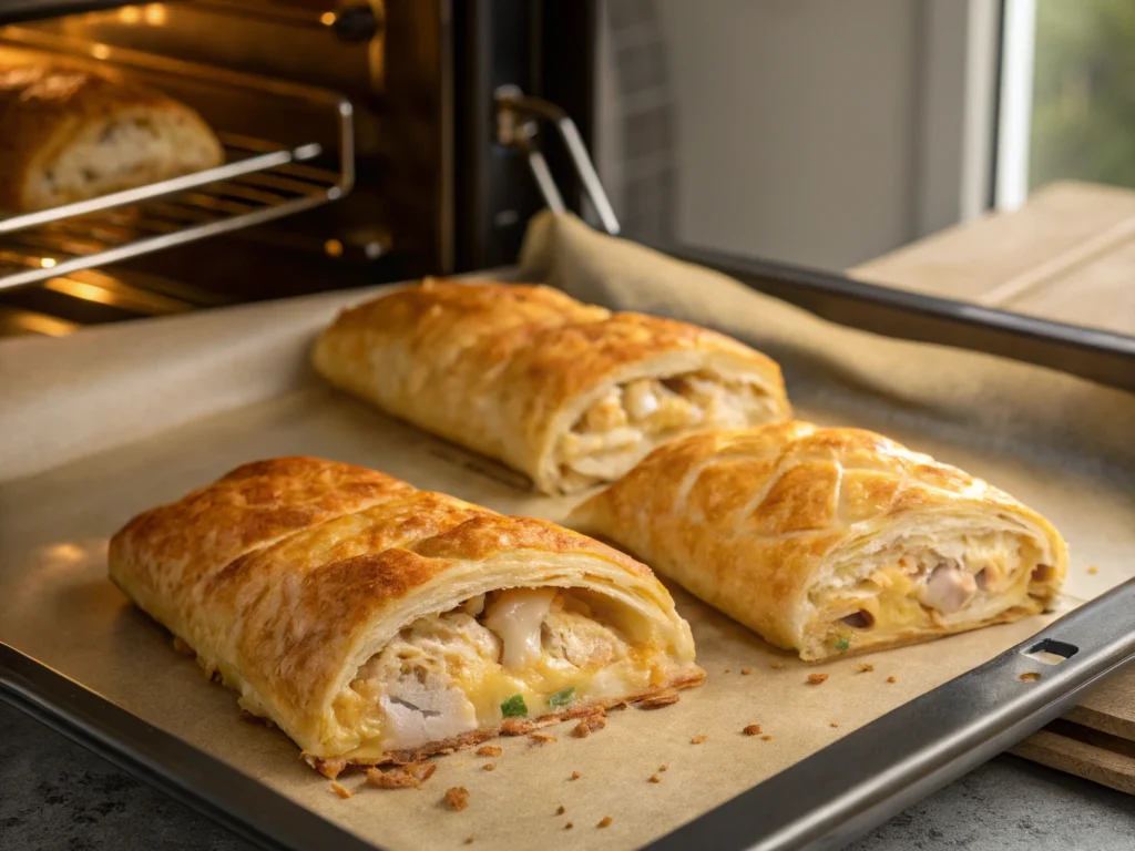 Chicken and cheese jalousie baking in the oven, golden and crispy with cheese oozing from the edges.