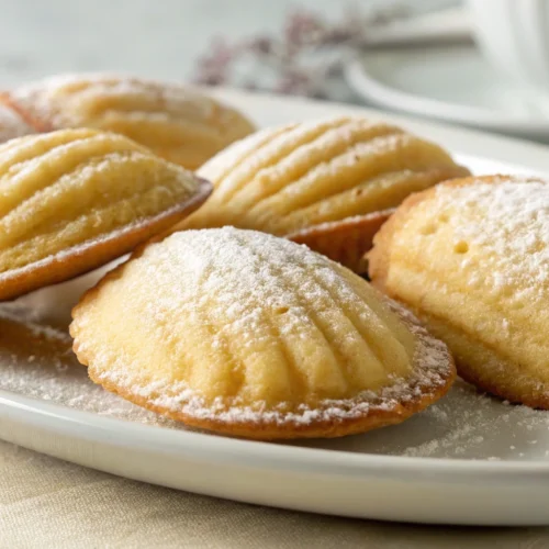 Freshly baked madeleine cookies with powdered sugar on a white plate, showcasing their soft, tender texture