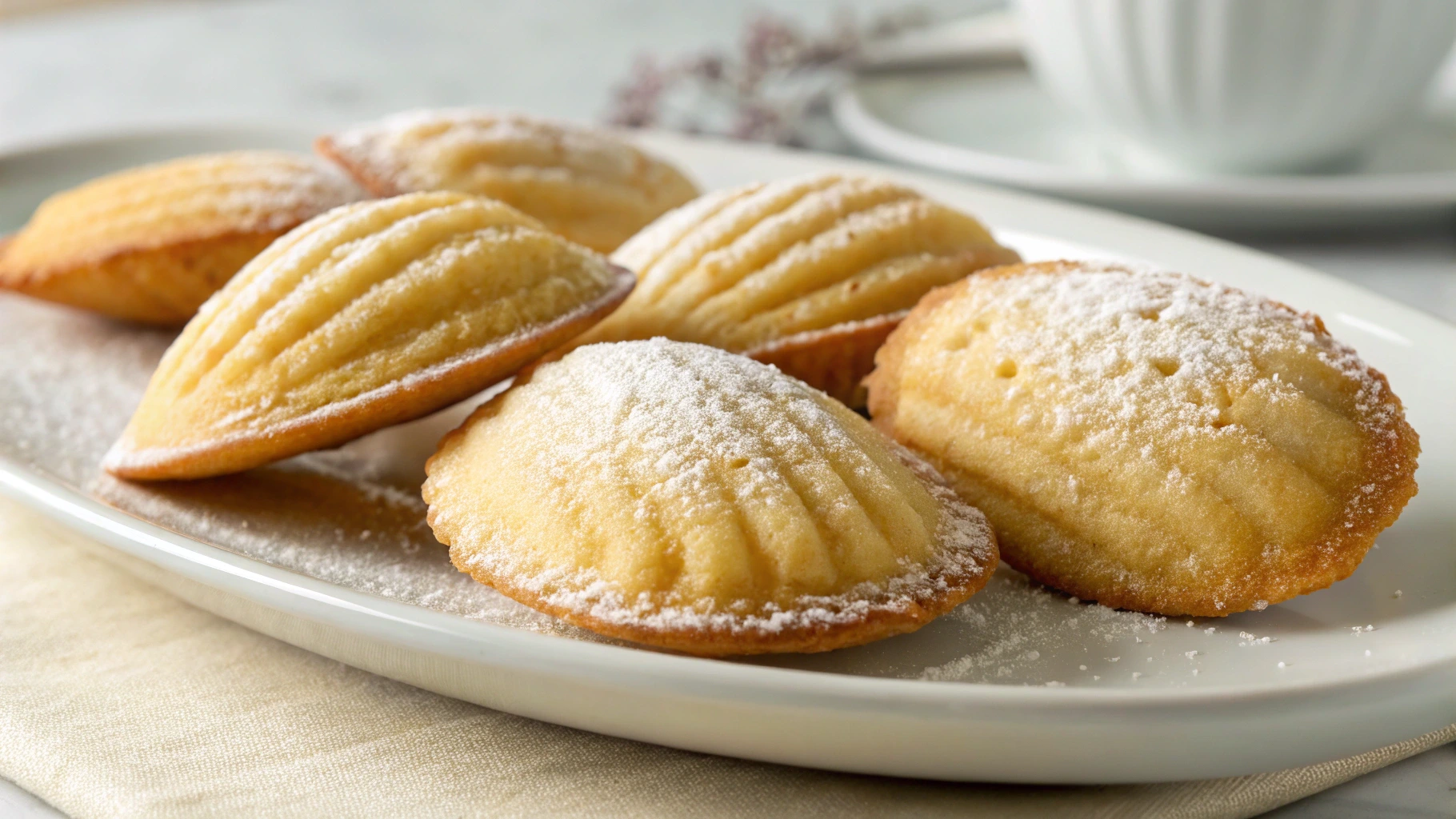 Freshly baked madeleine cookies with powdered sugar on a white plate, showcasing their soft, tender texture