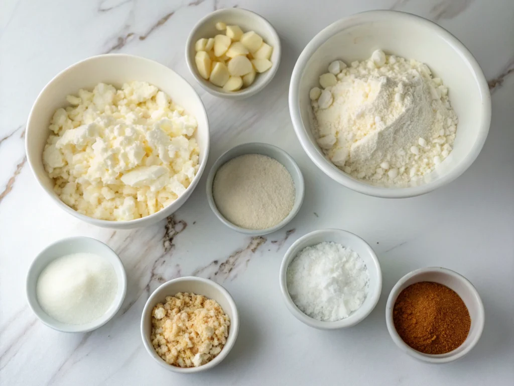 Small bowls filled with cottage cheese, almond flour, garlic powder, onion powder, salt, and pepper on a white marble countertop.