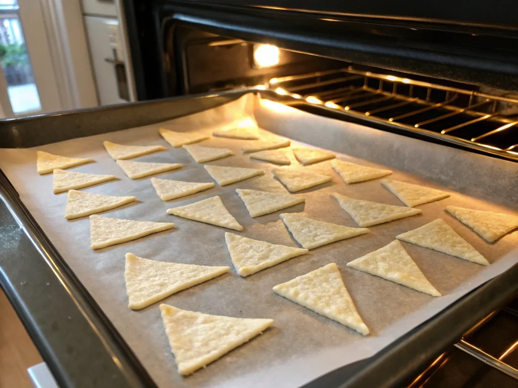 A baking sheet lined with neatly arranged, thin, triangle-shaped raw cottage cheese chips, ready for the oven.