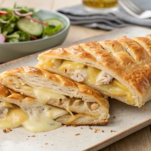 Golden and flaky chicken and cheese jalousie with melted cheese, served with a side salad, on a neutral wooden table.