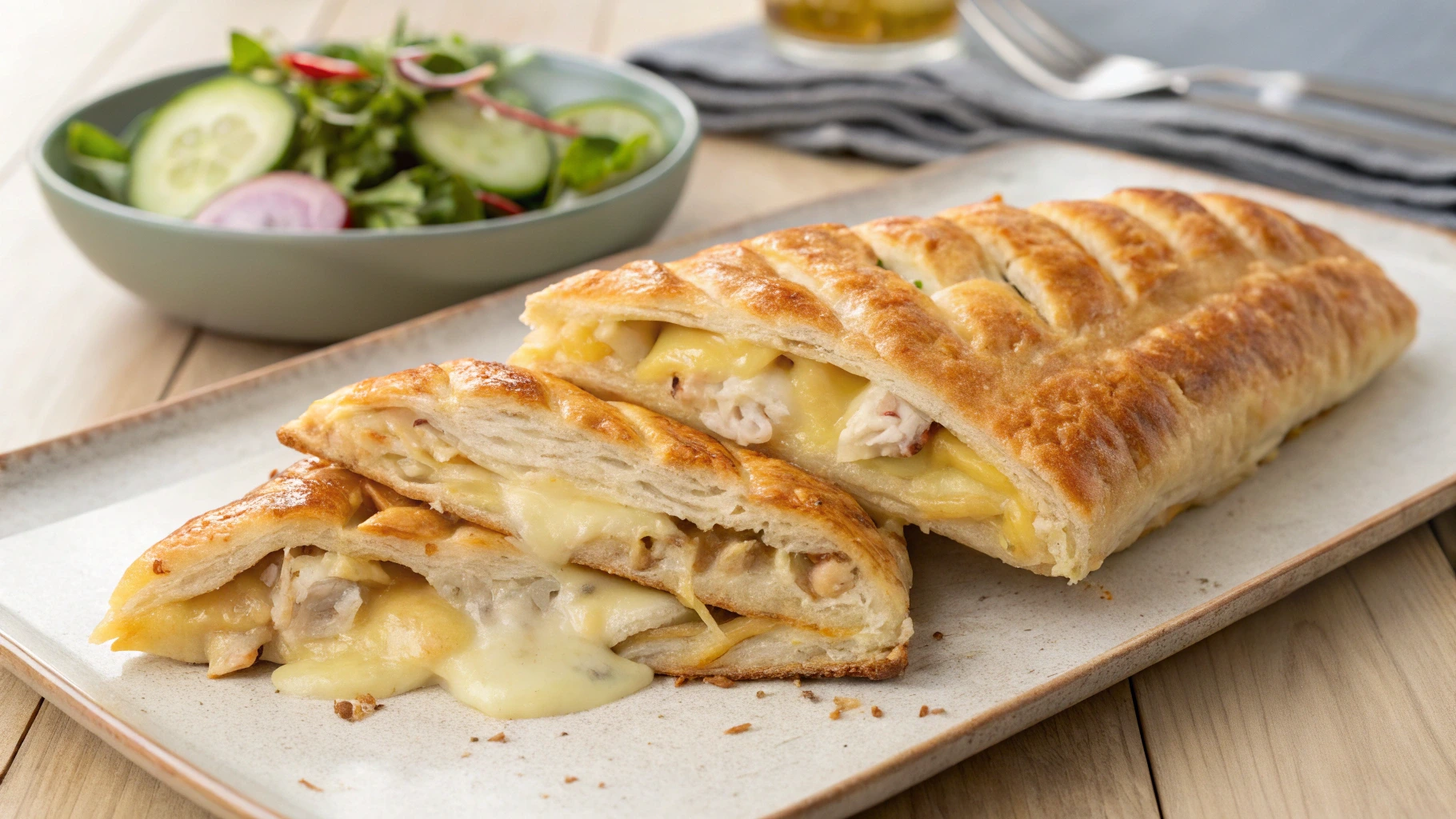 Golden and flaky chicken and cheese jalousie with melted cheese, served with a side salad, on a neutral wooden table.