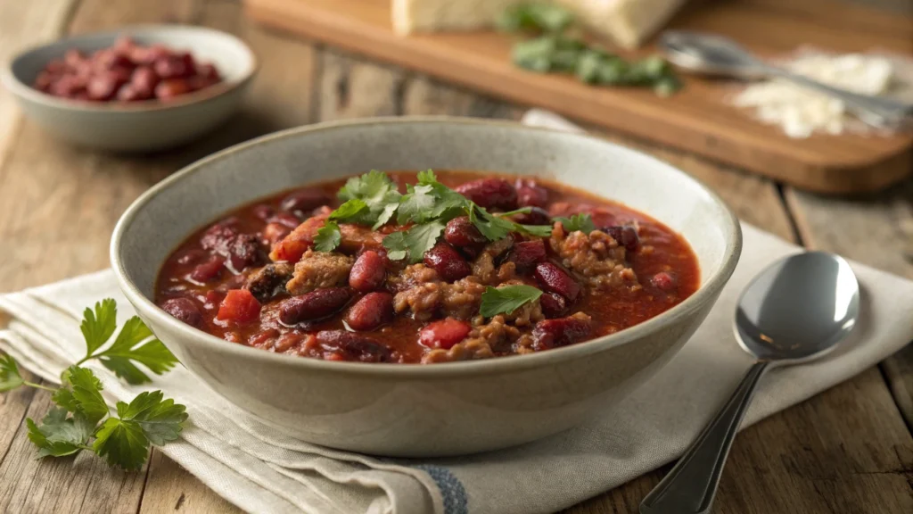 A bowl of turkey cranberry chili, topped with fresh herbs, served on a wooden table with a rustic kitchen backdrop.