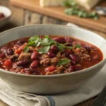 A bowl of turkey cranberry chili, topped with fresh herbs, served on a wooden table with a rustic kitchen backdrop.