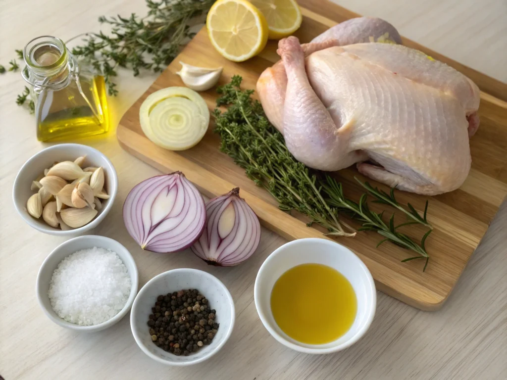 Organized setup of fresh ingredients for roast chicken in a roaster oven, including chicken, garlic, onions, herbs, olive oil, and lemon on a wooden countertop.