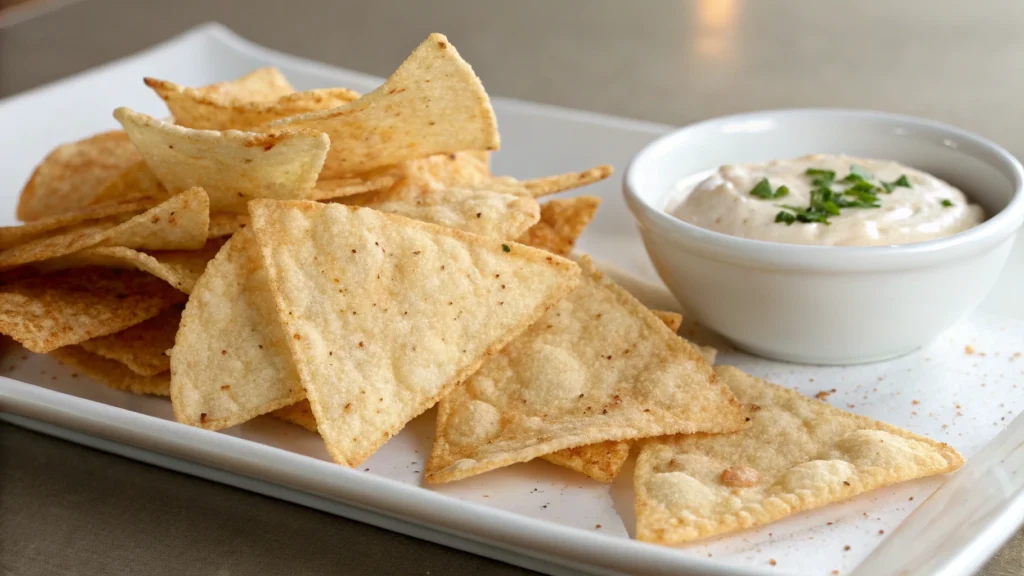 A plate of crispy, golden-brown cottage cheese chips with a small bowl of dip on the side.