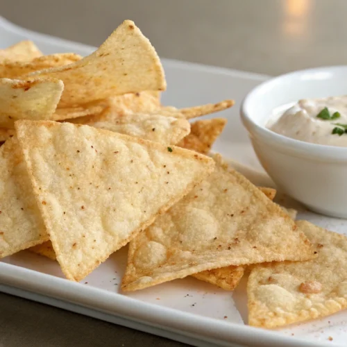 A plate of crispy, golden-brown cottage cheese chips with a small bowl of dip on the side.