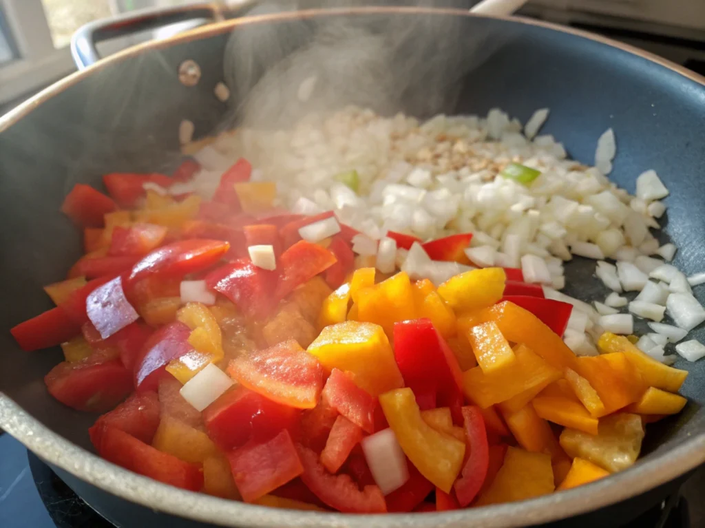 Diced onion, bell pepper, and minced garlic sautéing in a pot, creating a flavorful base for chili.