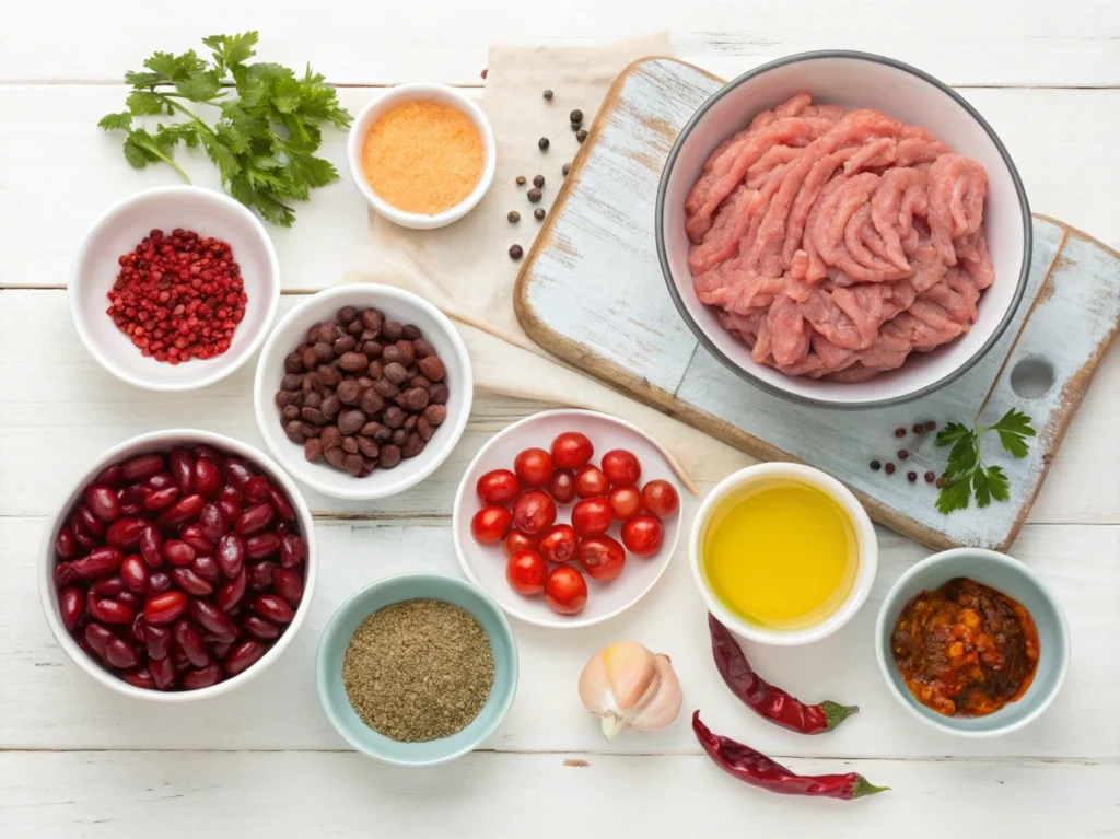 A rustic display of ingredients for turkey cranberry chili, including ground turkey, cranberries, beans, and spices.