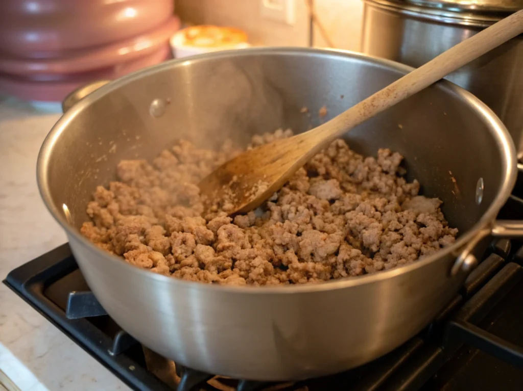 Ground turkey browning in a pot with a wooden spoon, creating a savory base for a chili.