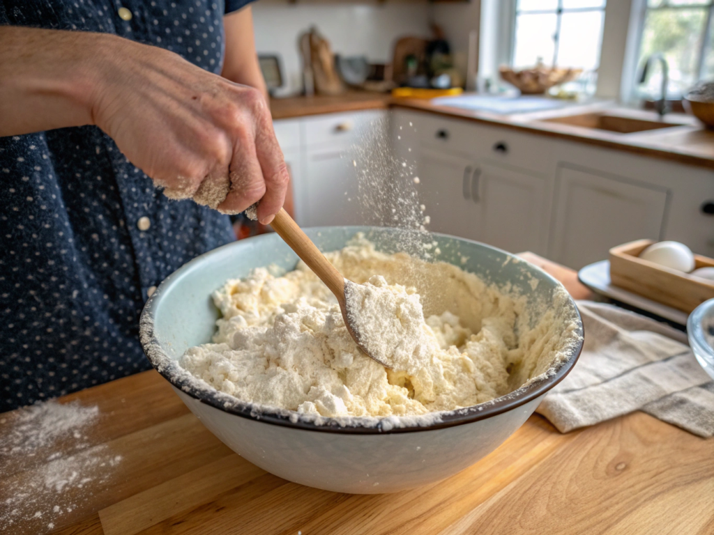 A person mixing cottage cheese, almond flour, and seasonings in a large bowl with a wooden spoon on a wooden countertop.