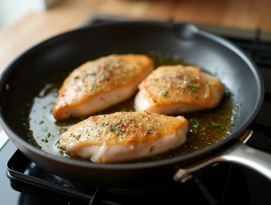 Chicken breasts being seared in a skillet with olive oil, seasoning with salt and pepper.