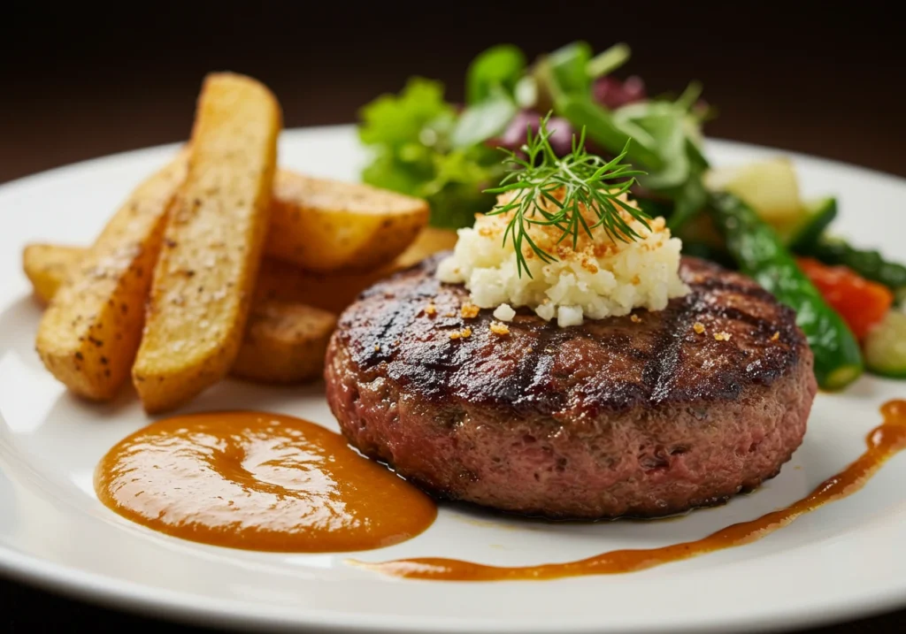 A perfectly seared Wagyu ground beef patty plated elegantly with a side of crispy fries, fresh salad, and a light garnish of herbs and cheese.