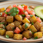 Colorful ingredients for making a Mexican potatoes breakfast recipe, including potatoes, spices, tomatoes, cilantro, and avocado