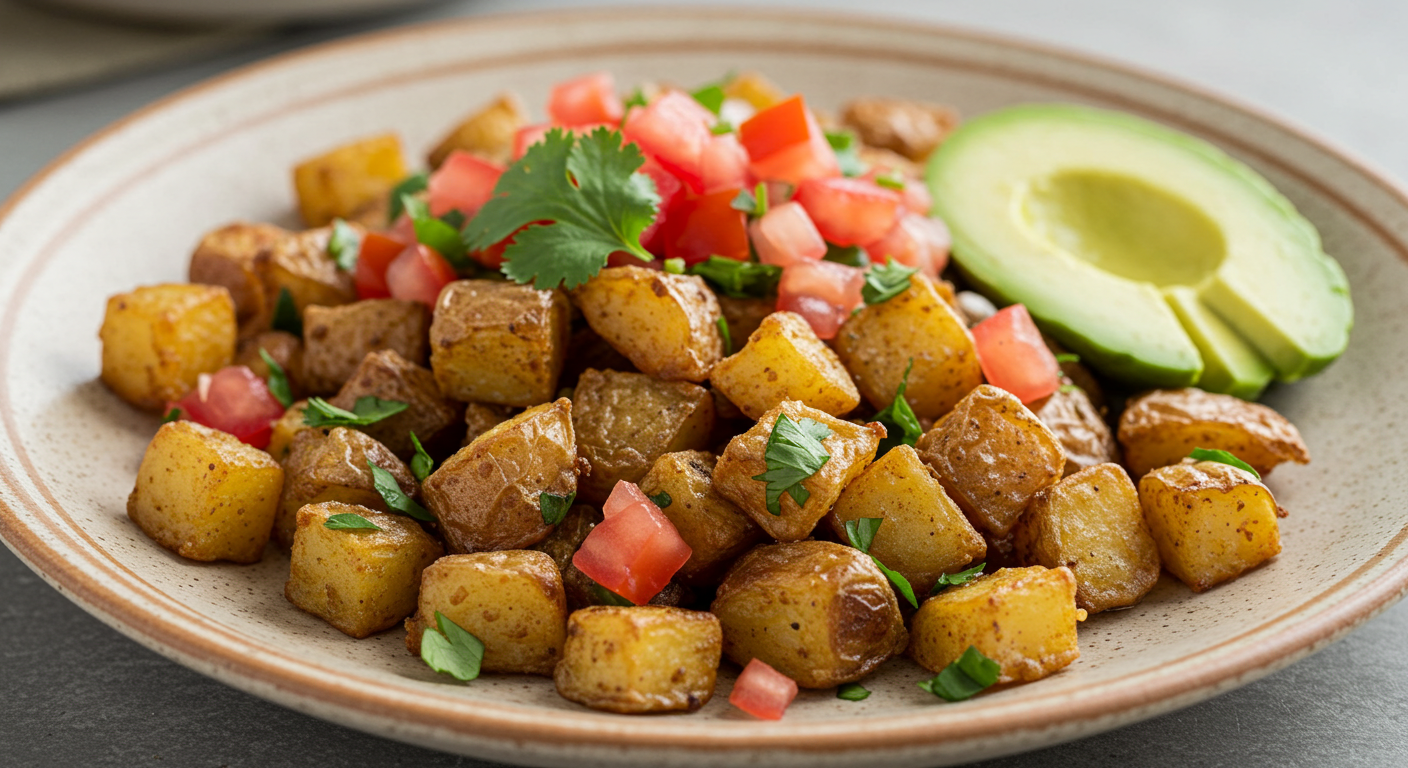 Colorful ingredients for making a Mexican potatoes breakfast recipe, including potatoes, spices, tomatoes, cilantro, and avocado