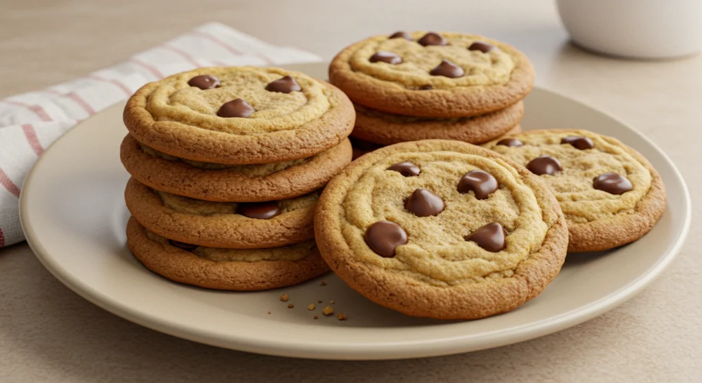 Freshly baked golden-brown Chick-fil-A cookies on a clean plate with visible chocolate chips, showcasing their soft, chewy texture.