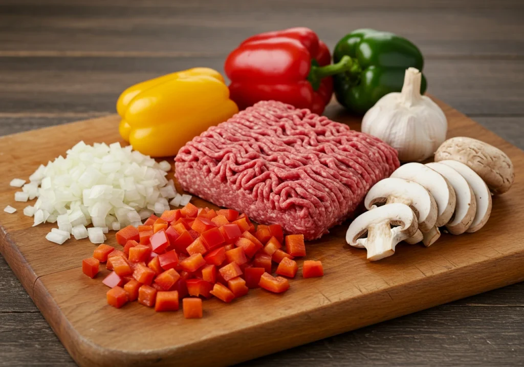 A rustic wooden cutting board displaying fresh ingredients, including raw Wagyu ground beef with marbling, diced onions, garlic cloves, bell peppers, and sliced mushrooms