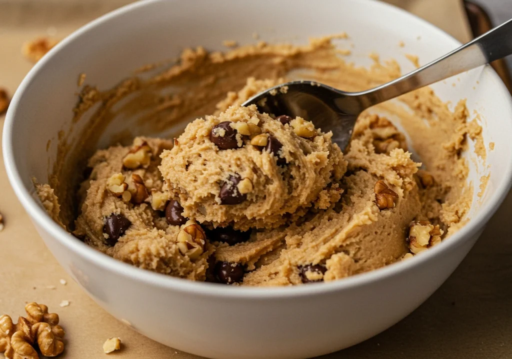 A shot of flour, baking soda, and salt being gradually added to the wet ingredients in a mixing bowl.