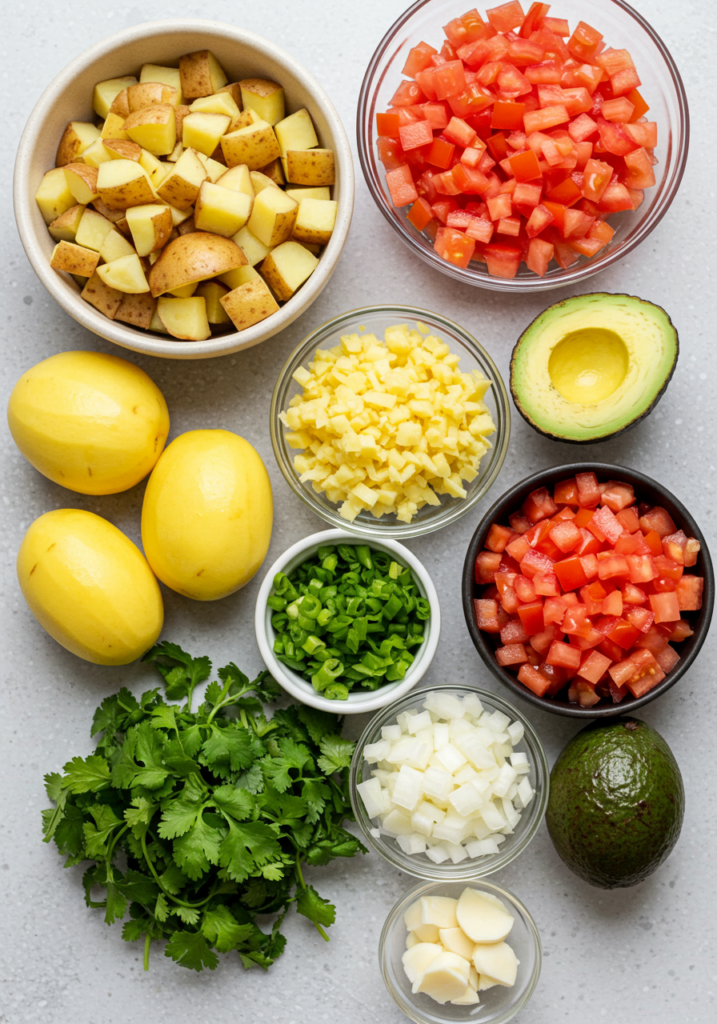 Ingredients for Mexican potatoes breakfast recipe including potatoes, spices, avocado, tomatoes, and cilantro