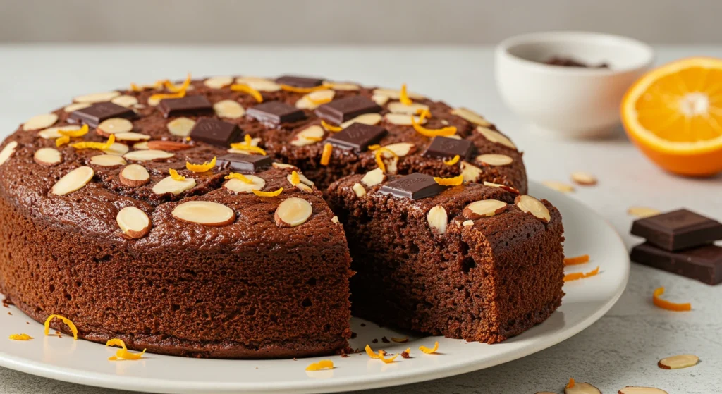 Rustic chocolate orange almond cake with sliced almonds, dark chocolate chunks, and orange zest on a white plate, with a glossy, cracked top.