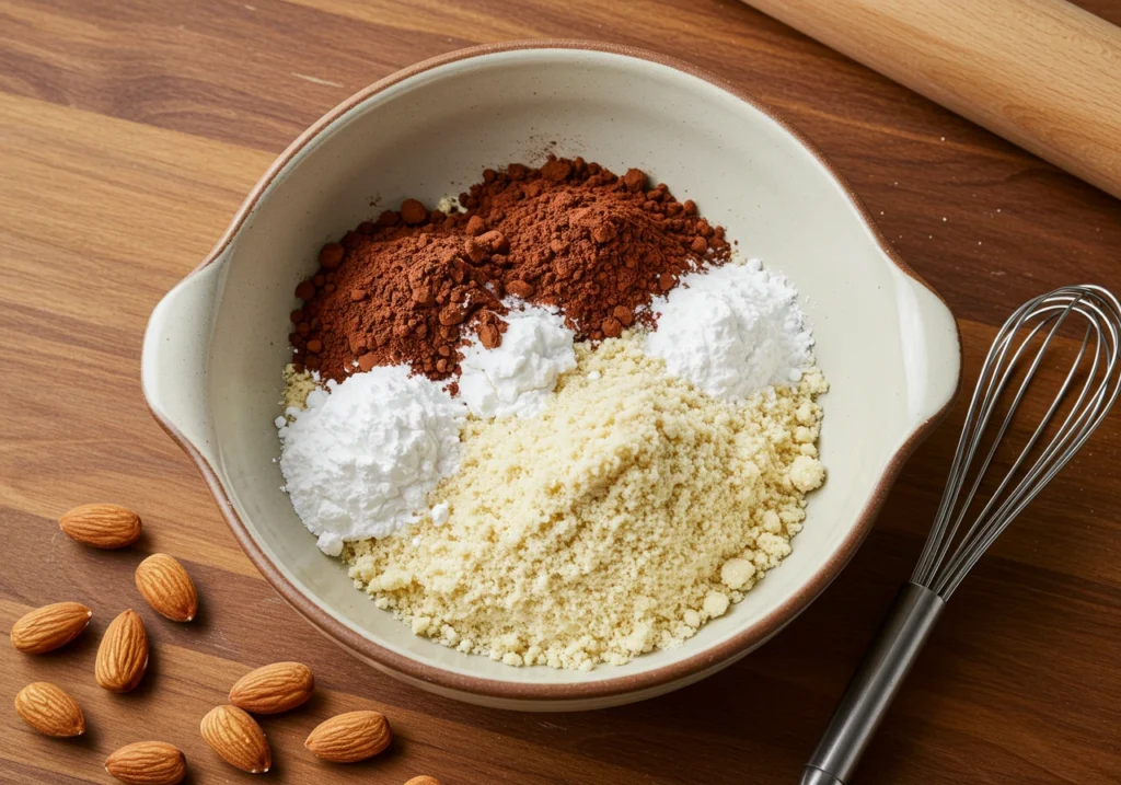 A ceramic bowl on a wooden countertop containing almond flour, cocoa powder, baking powder, and salt, with a whisk resting beside it.