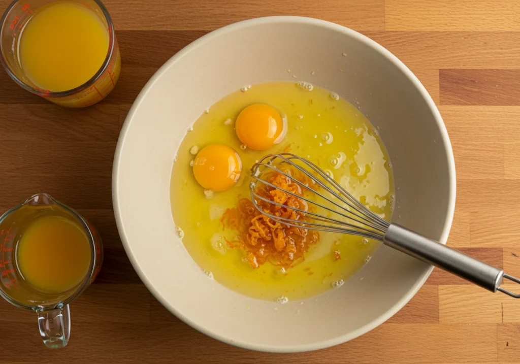 A top-down view of a ceramic bowl with eggs, honey, orange juice, and orange zest being whisked together