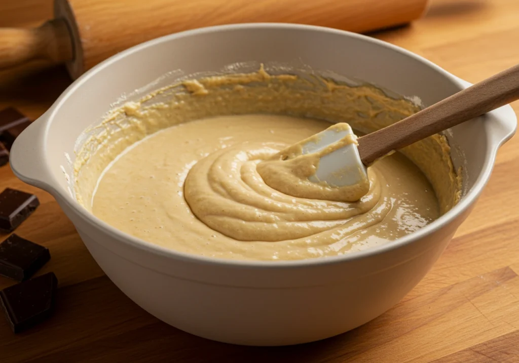 A close-up of a ceramic bowl with cake batter being stirred by a spatula.