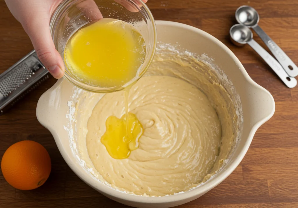 A glass bowl pouring melted coconut oil into a bowl of cake batter.