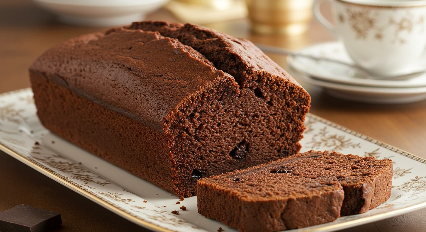 Freshly baked Chocolate Cream Cheese Pound Cake on a fine porcelain plate, with a slice showing its creamy, chocolatey interior and pockets of chocolate chips