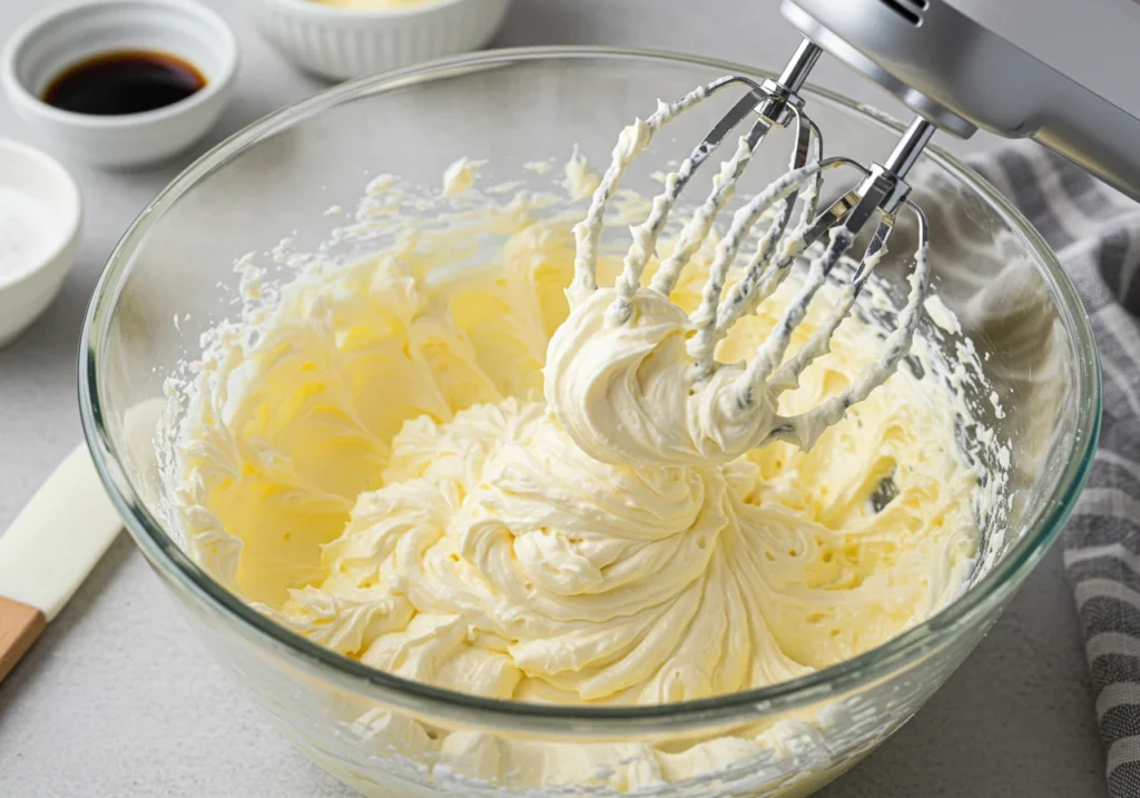 Electric hand mixer whipping softened butter and cream cheese in a glass bowl until light and fluffy.