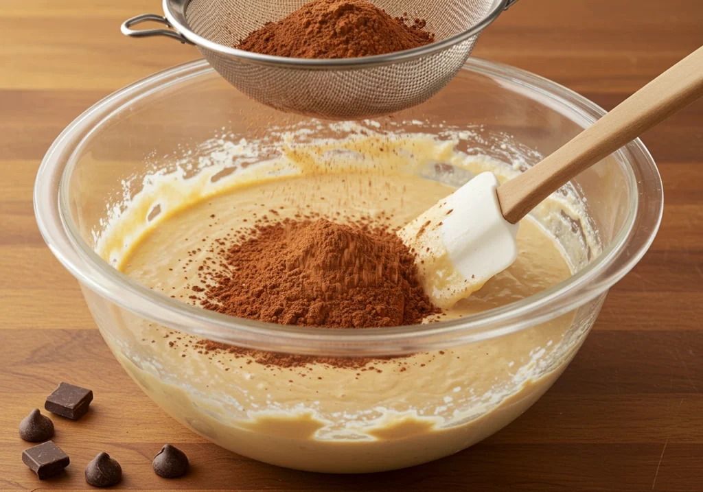 Flour and cocoa powder being sifted into the chocolate cake batter in a large mixing bowl