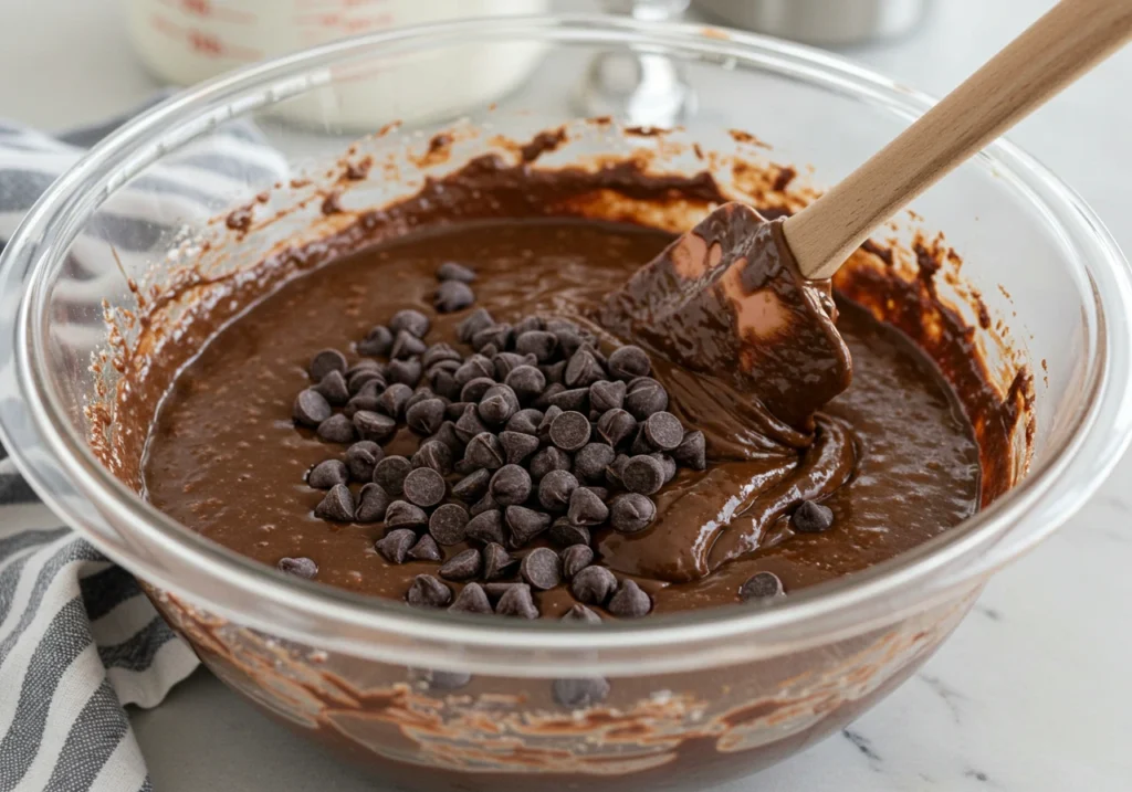 Spatula folding chocolate chips into a thick chocolate cake batter in a mixing bowl