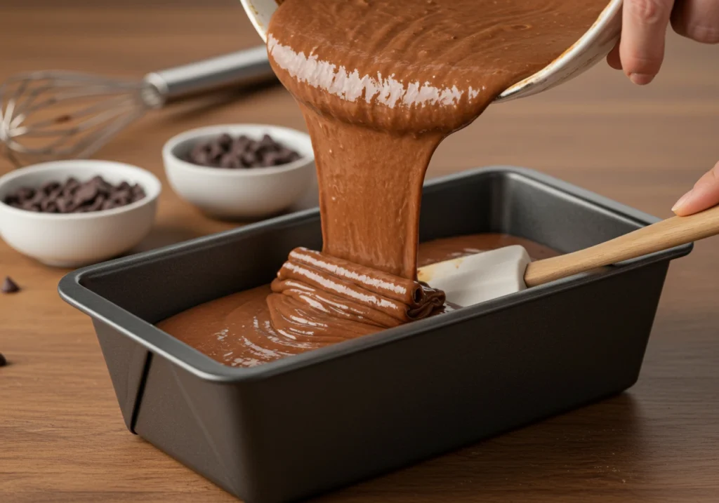 Chocolate cake batter being poured into a greased 9x5-inch loaf pan, ready for baking