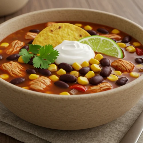 Steaming bowl of chicken taco soup with tender chicken, black beans, kidney beans, corn, taco seasoning, cilantro, lime wedge, and sour cream.