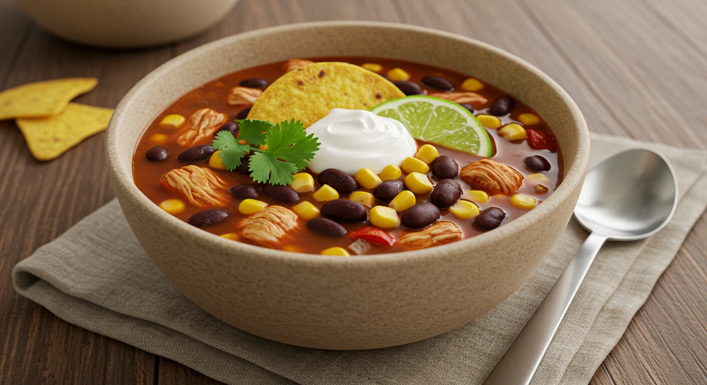 Steaming bowl of chicken taco soup with tender chicken, black beans, kidney beans, corn, taco seasoning, cilantro, lime wedge, and sour cream.