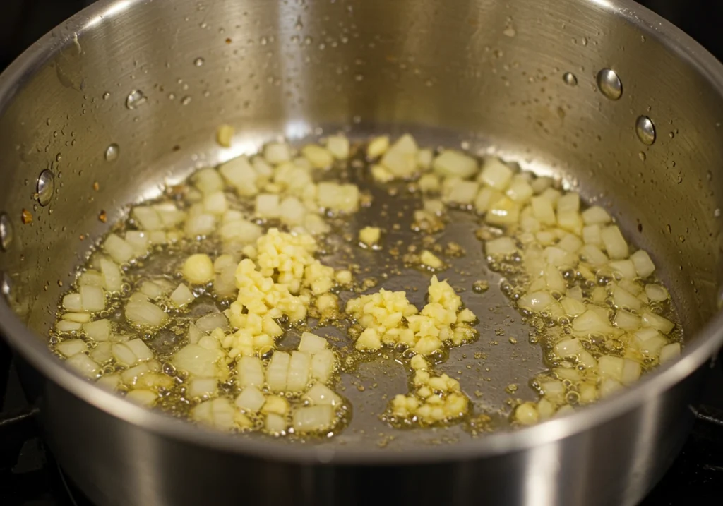 Close-up of onions and garlic sizzling in a pot on the stovetop with a golden, translucent texture.