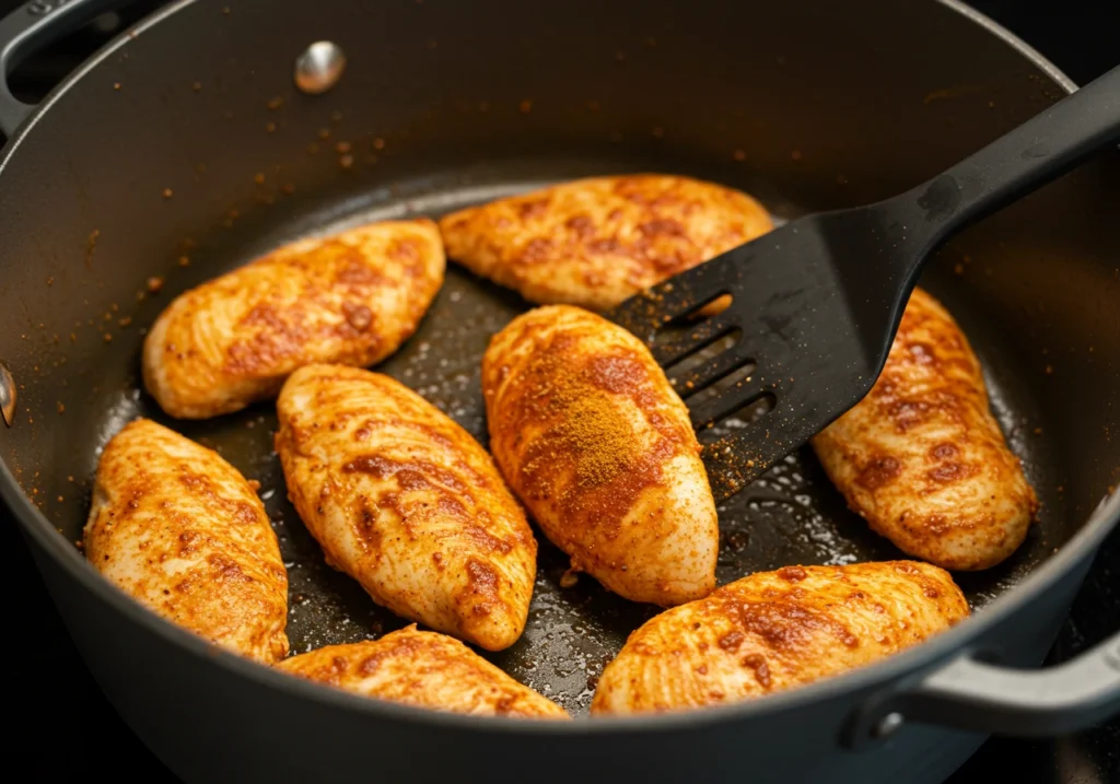 Boneless, skinless chicken breasts cooking in a pot with taco seasoning sprinkled over them on the stovetop.