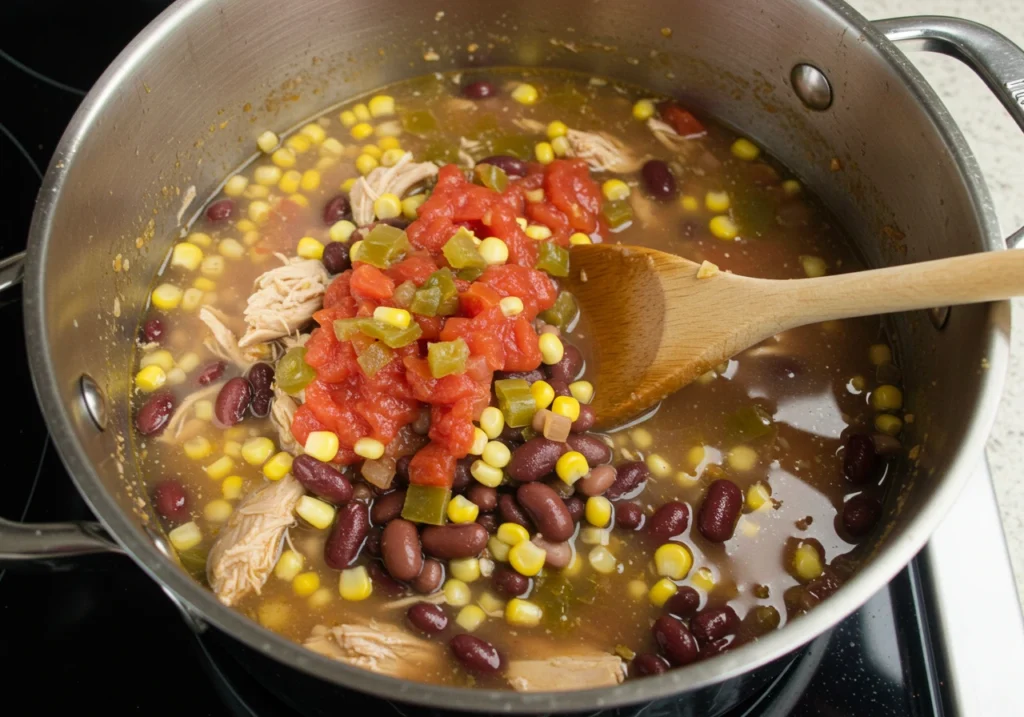 Pot filled with chicken broth, diced tomatoes, black beans, kidney beans, and corn kernels being stirred together.